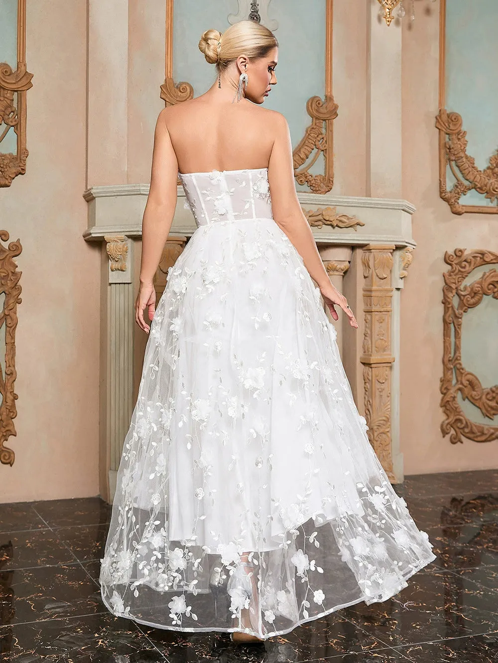ENID WHITE FLORAL APPLIQUE MESH BANDAGE TUBE MAXI DRESS