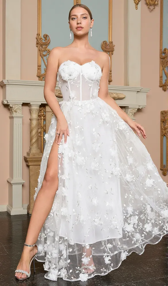 ENID WHITE FLORAL APPLIQUE MESH BANDAGE TUBE MAXI DRESS