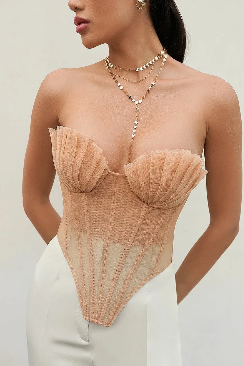 Exquisite Pleated Bustier Corset Top with Sculpted Fishbone Detailing