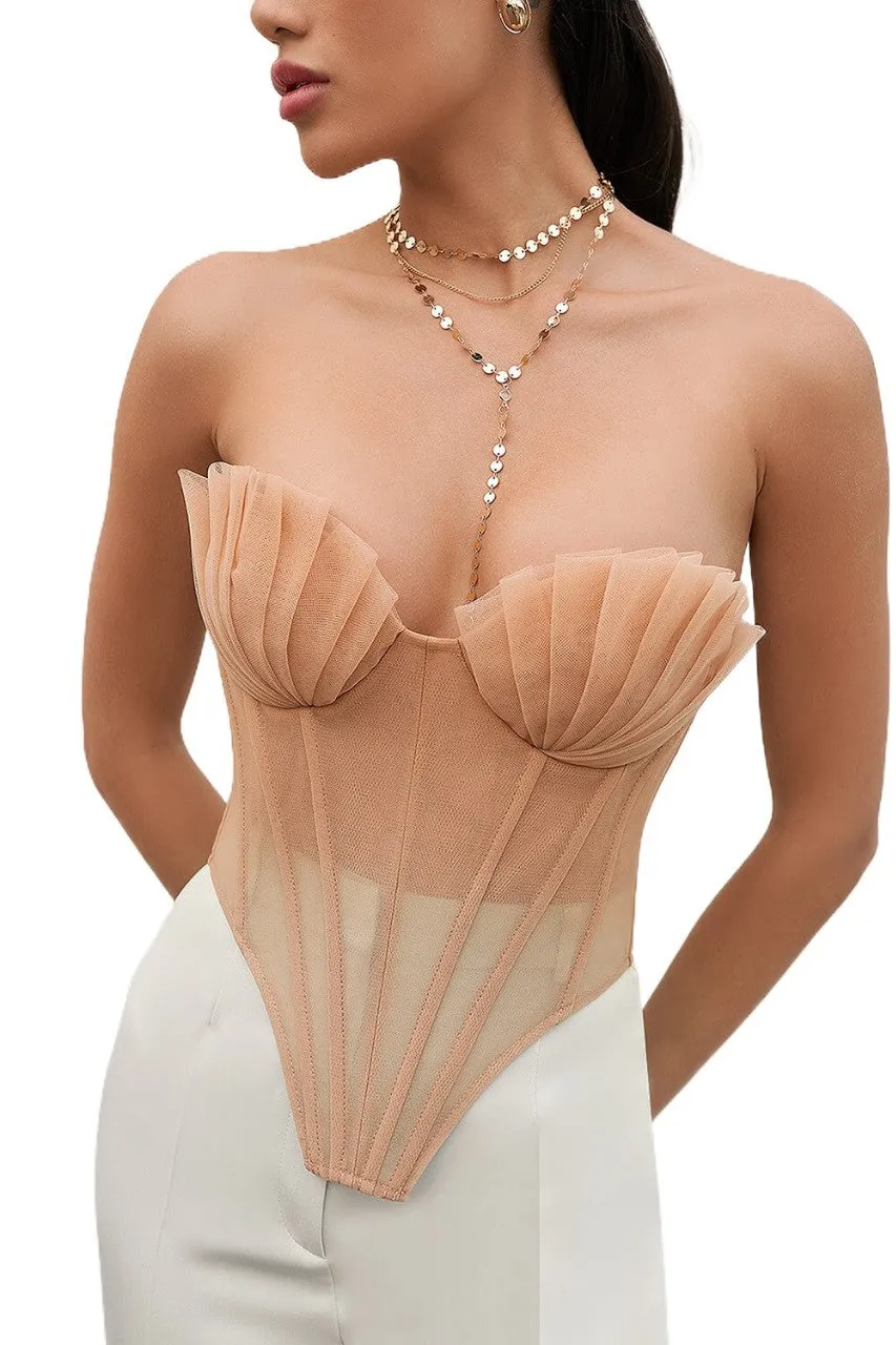 Exquisite Pleated Bustier Corset Top with Sculpted Fishbone Detailing