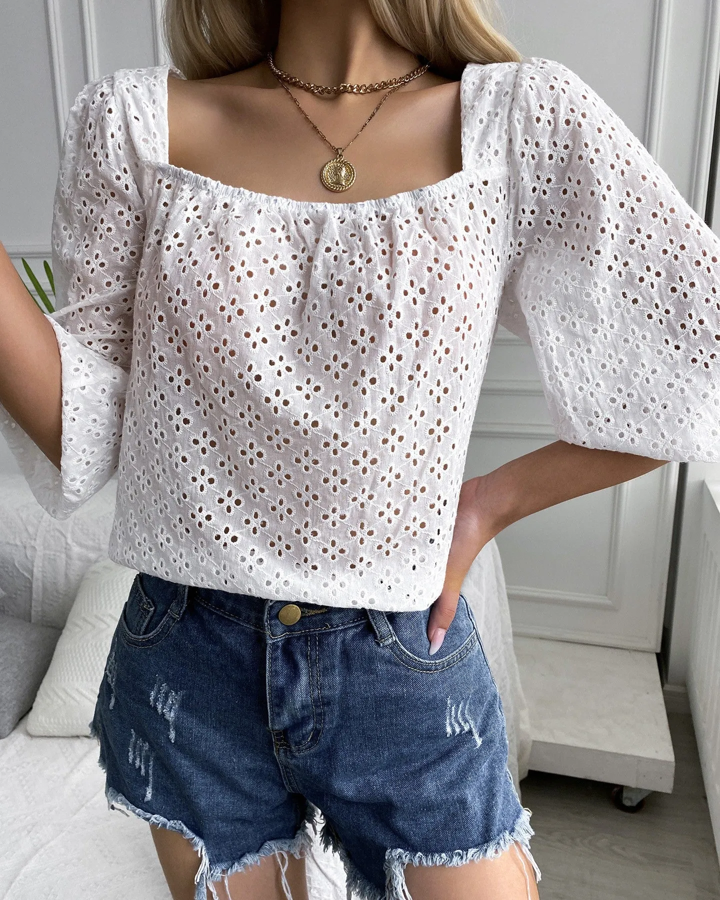Eyelet Embroidery Puff Sleeve Tied Back Top