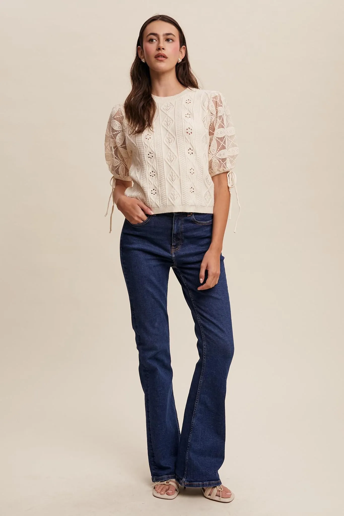 Eyelet Puff Sleeve Knit Sweater Top