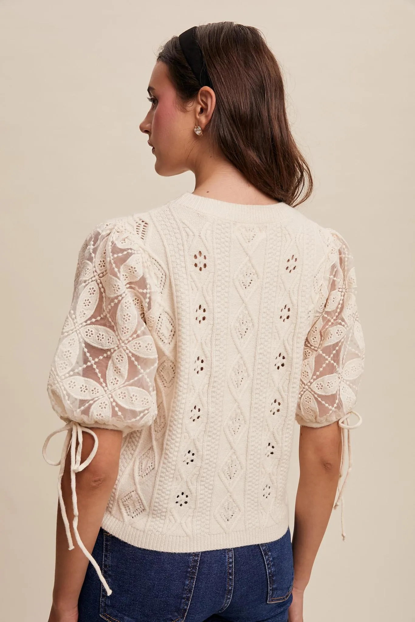 Eyelet Puff Sleeve Knit Sweater Top