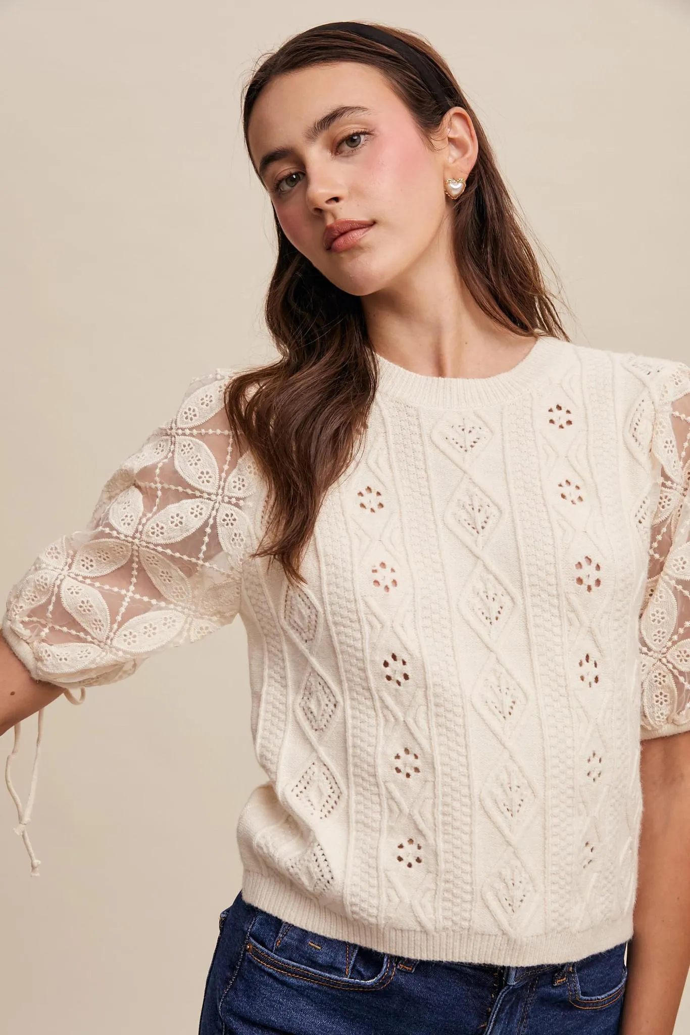 Eyelet Puff Sleeve Knit Sweater Top