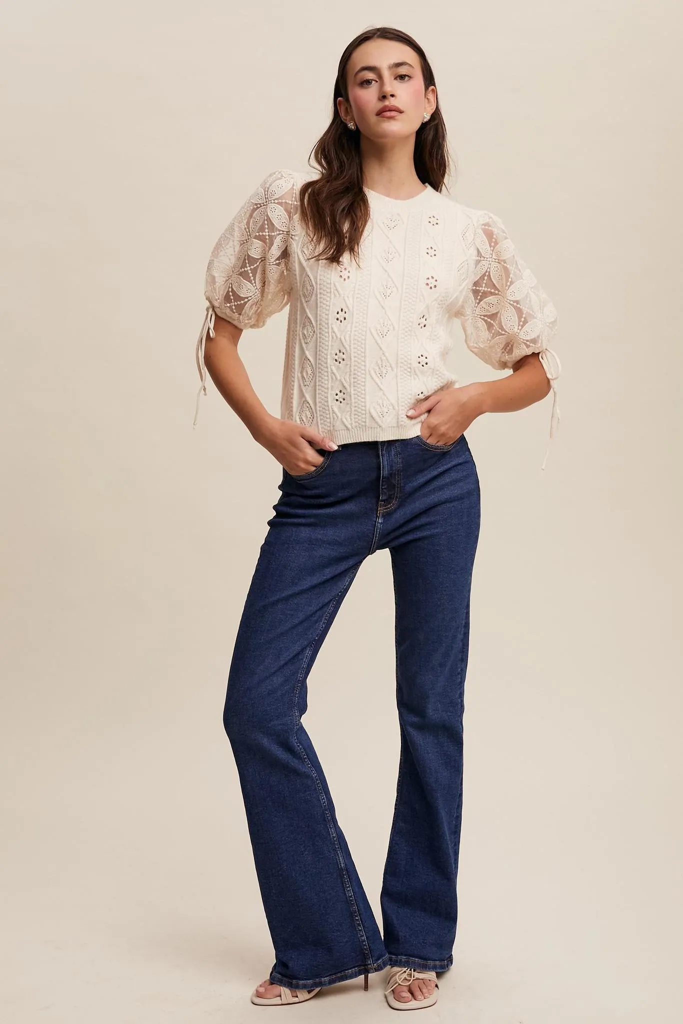 Eyelet Puff Sleeve Knit Sweater Top