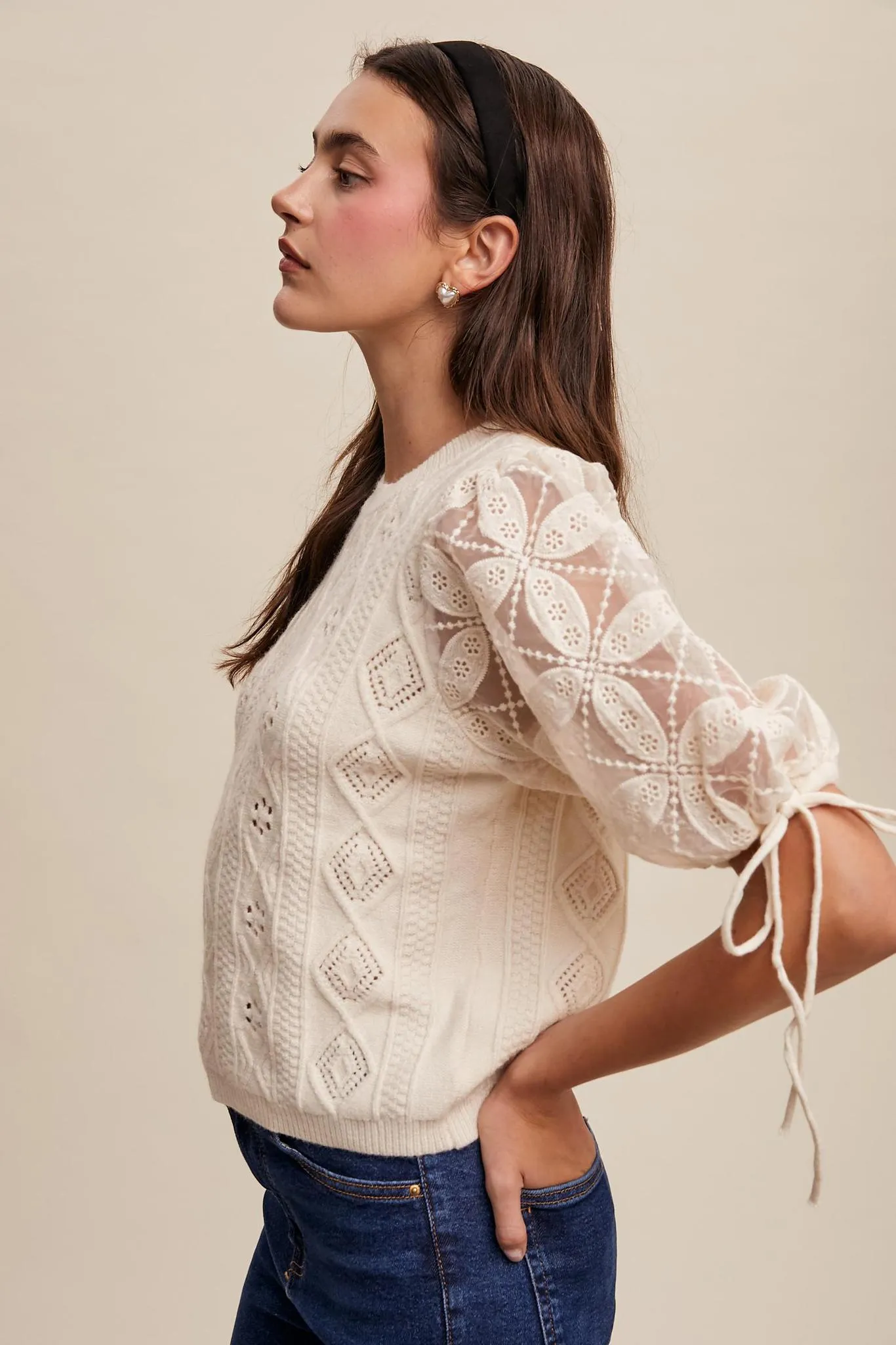 Eyelet Puff Sleeve Knit Sweater Top