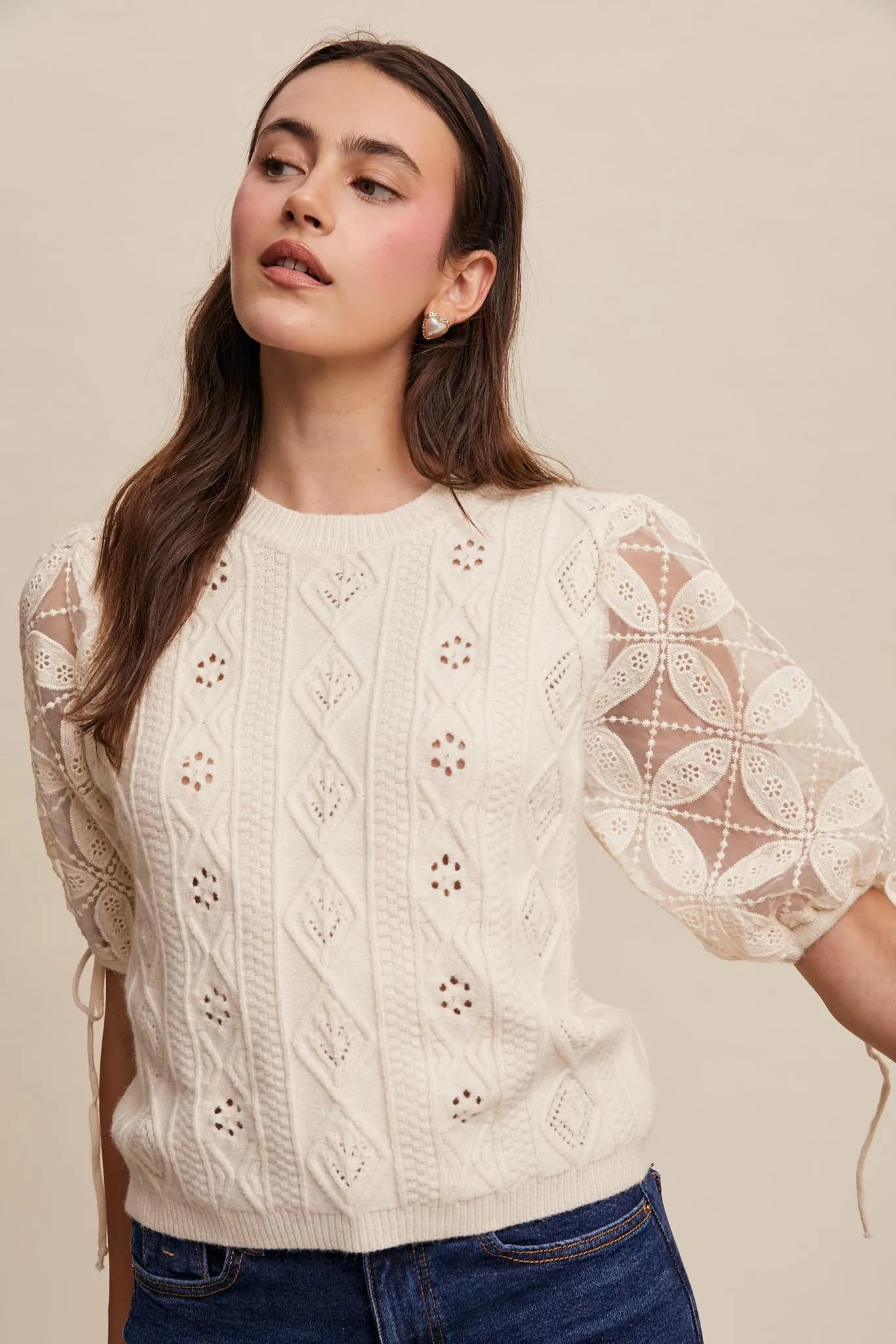 Eyelet Puff Sleeve Knit Sweater Top