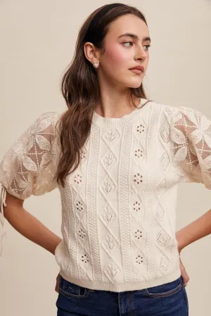 Eyelet Puff Sleeve Knit Sweater Top