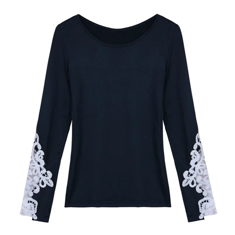 Fashion Women Bodycon Lace Crochet Long Sleeve Blouses Brand Casual O Neck Shirts Tops Plus Size S-6XL