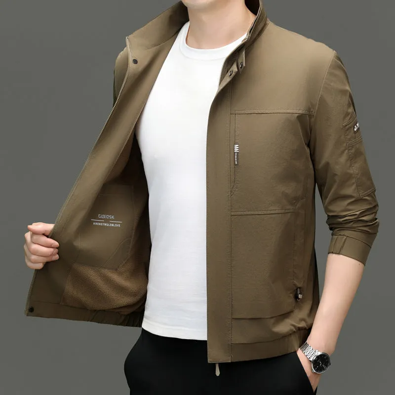 Fleece-lined Raincoat Track Jacket with Napoleon Pocket for Men