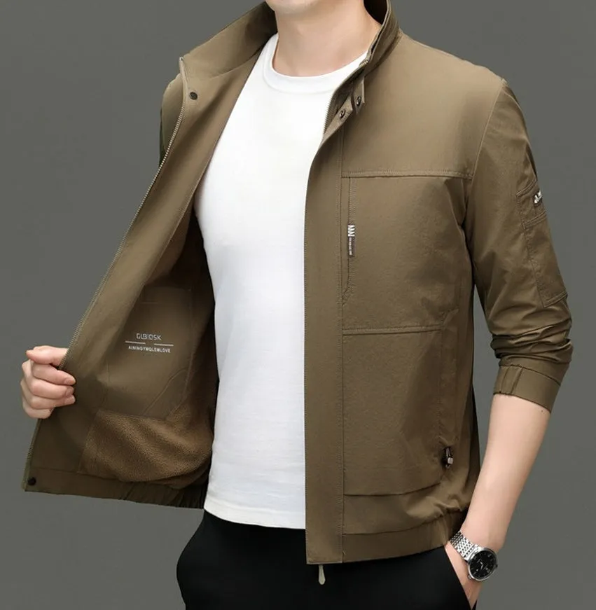 Fleece-lined Raincoat Track Jacket with Napoleon Pocket for Men