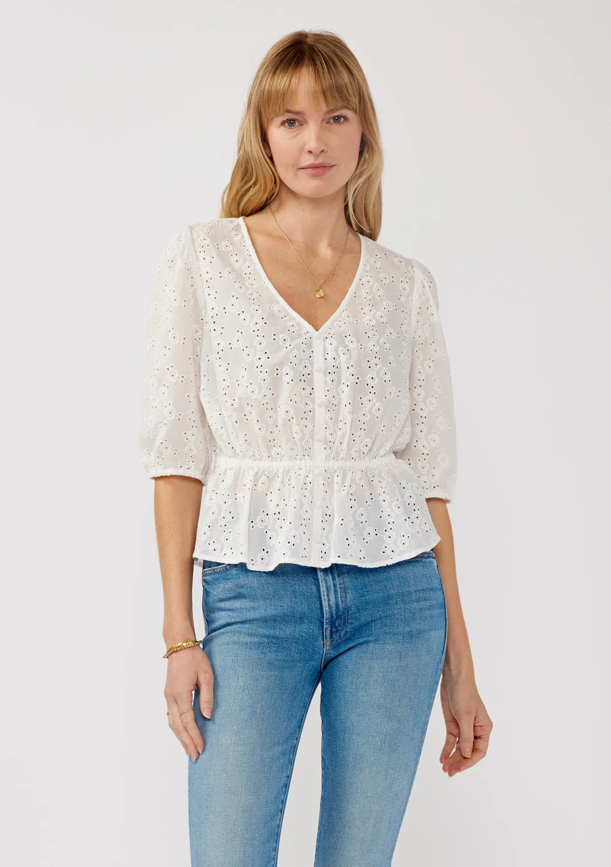 Floral Eyelet Puff Sleeve Peplum Top
