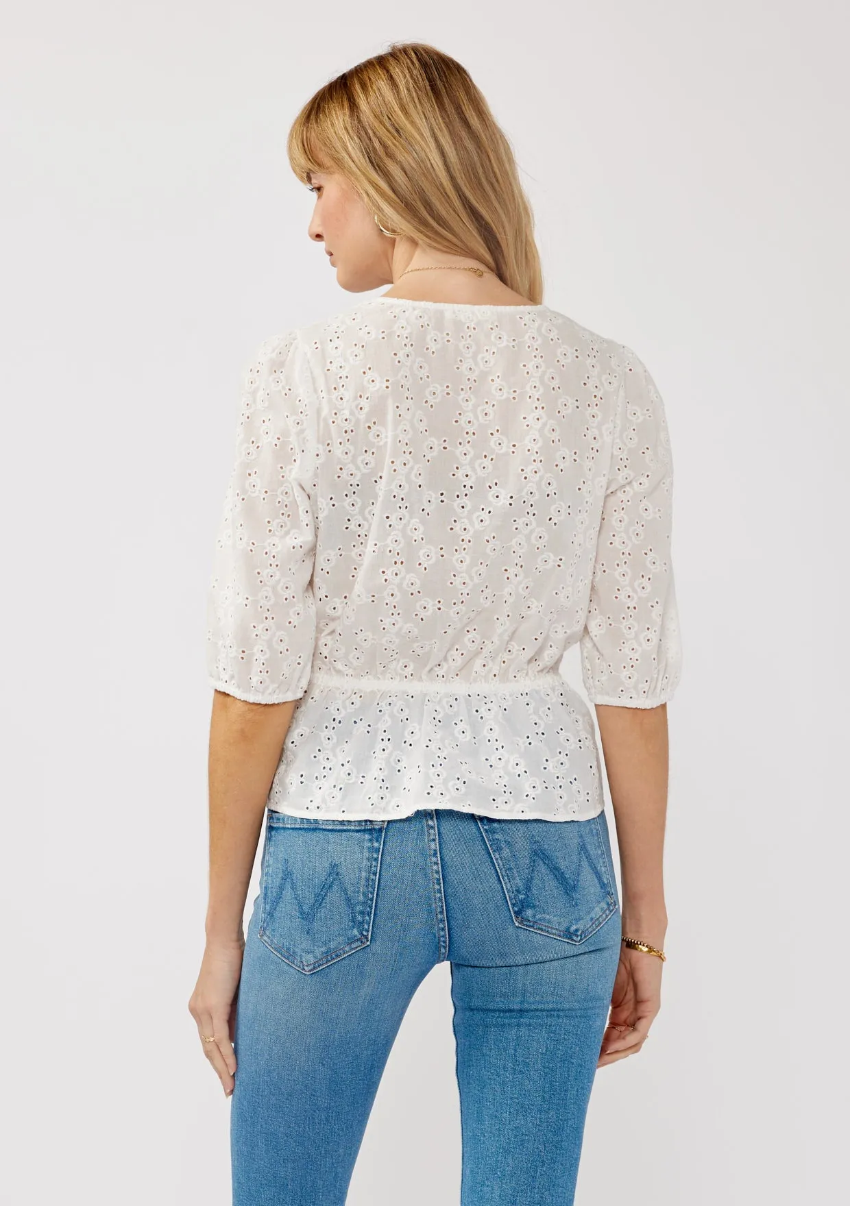 Floral Eyelet Puff Sleeve Peplum Top