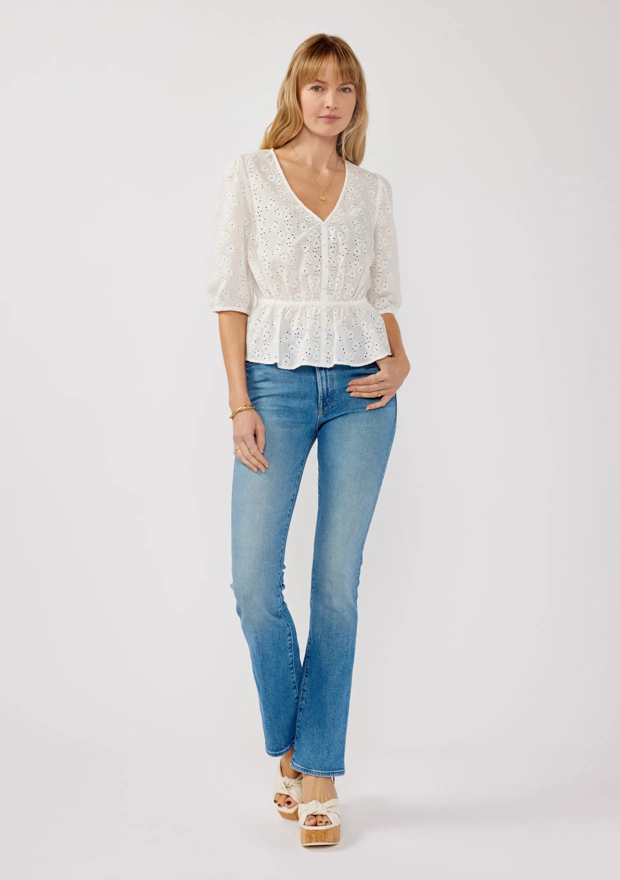 Floral Eyelet Puff Sleeve Peplum Top