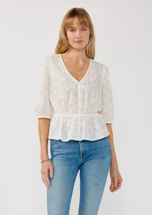 Floral Eyelet Puff Sleeve Peplum Top