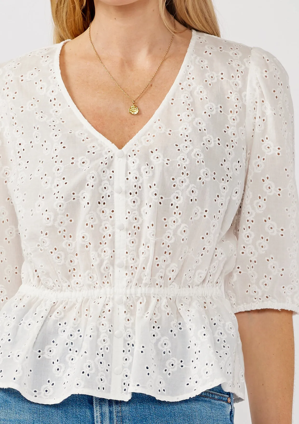 Floral Eyelet Puff Sleeve Peplum Top