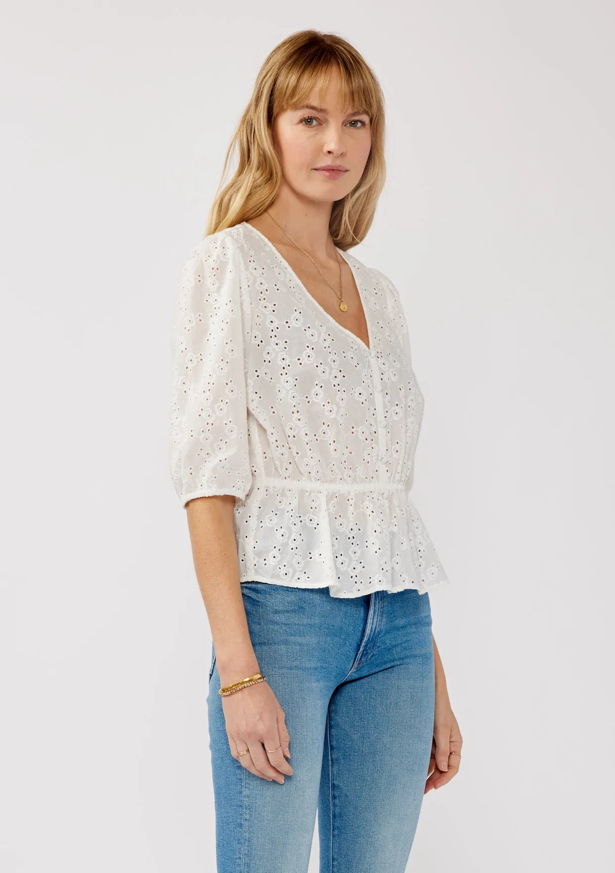 Floral Eyelet Puff Sleeve Peplum Top