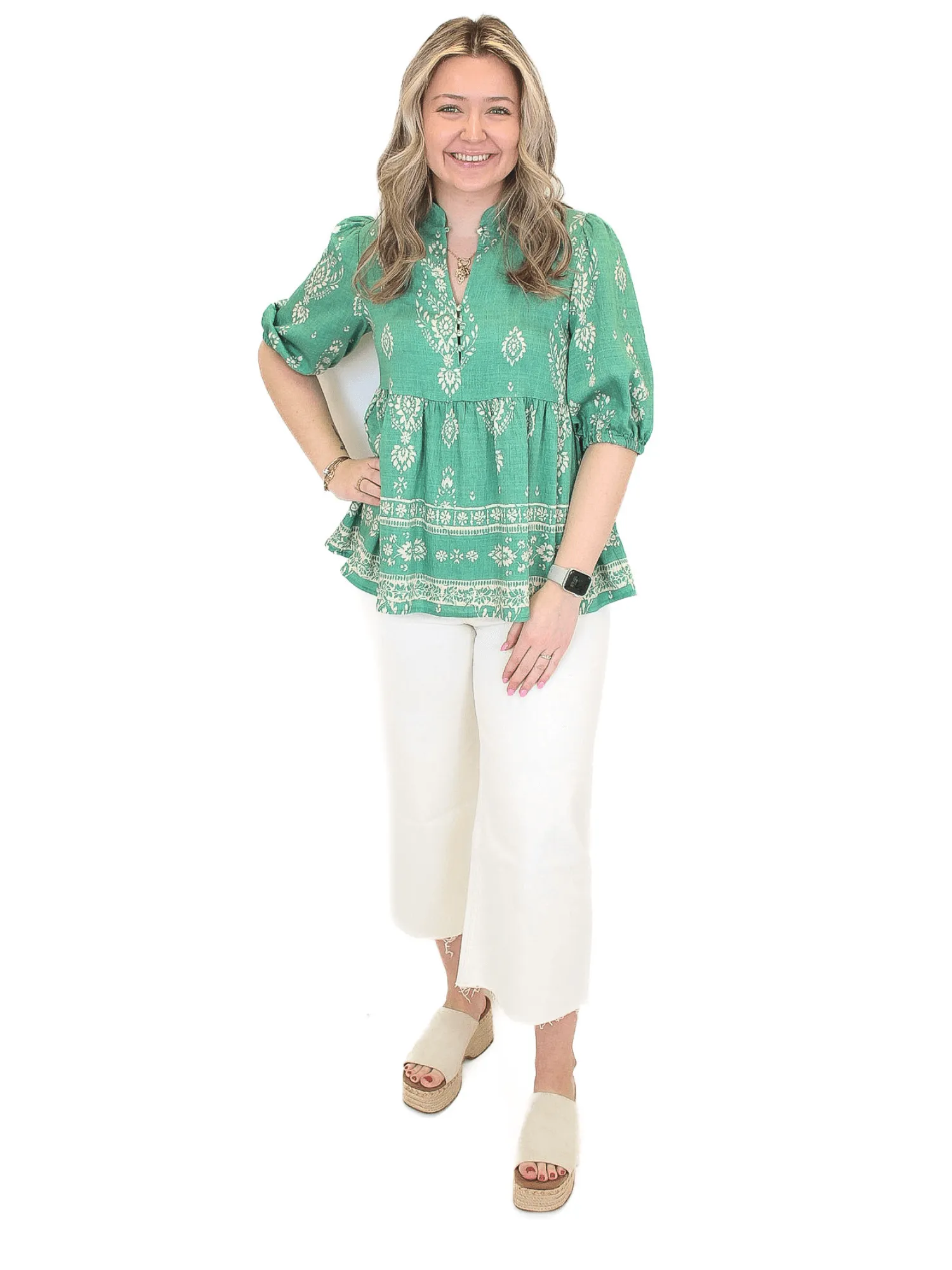 Floral Print Peplum Top - Green