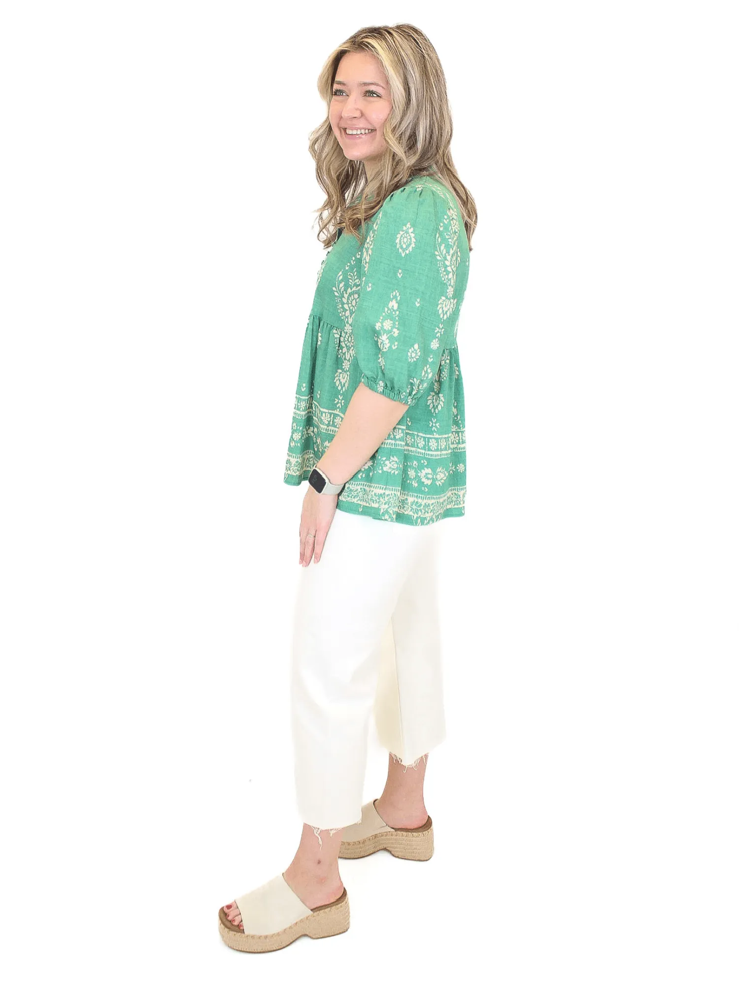Floral Print Peplum Top - Green