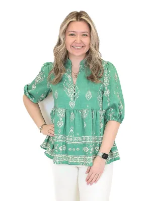 Floral Print Peplum Top - Green