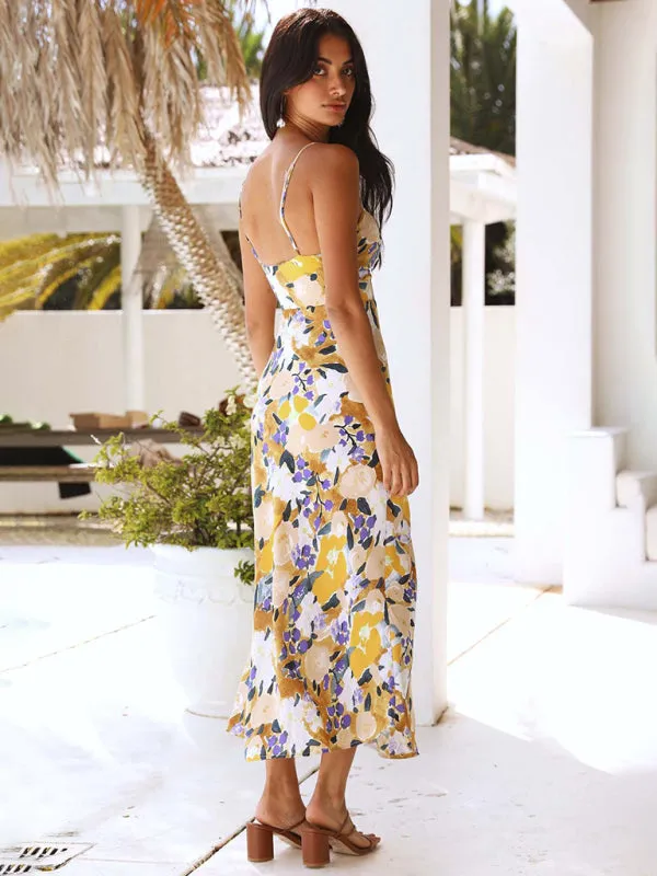 Floral Print Slip Midi Dress with Sweetheart Neckline