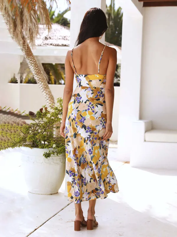 Floral Print Slip Midi Dress with Sweetheart Neckline