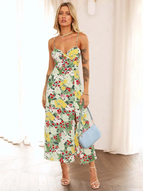 Floral Print Slip Midi Dress with Sweetheart Neckline