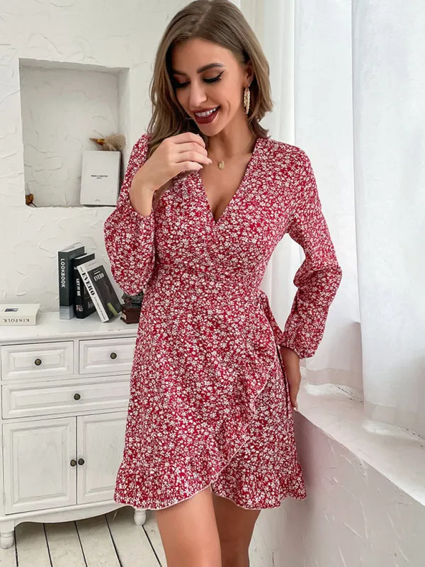 Floral Print Wrap Dress with Ruffled Hem and V-Neck