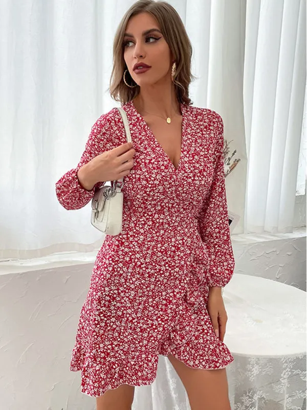 Floral Print Wrap Dress with Ruffled Hem and V-Neck