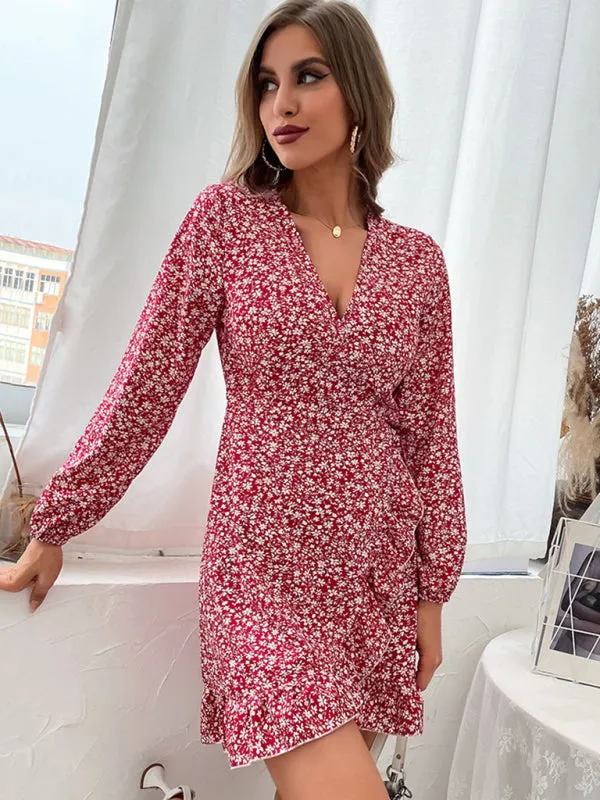 Floral Print Wrap Dress with Ruffled Hem and V-Neck