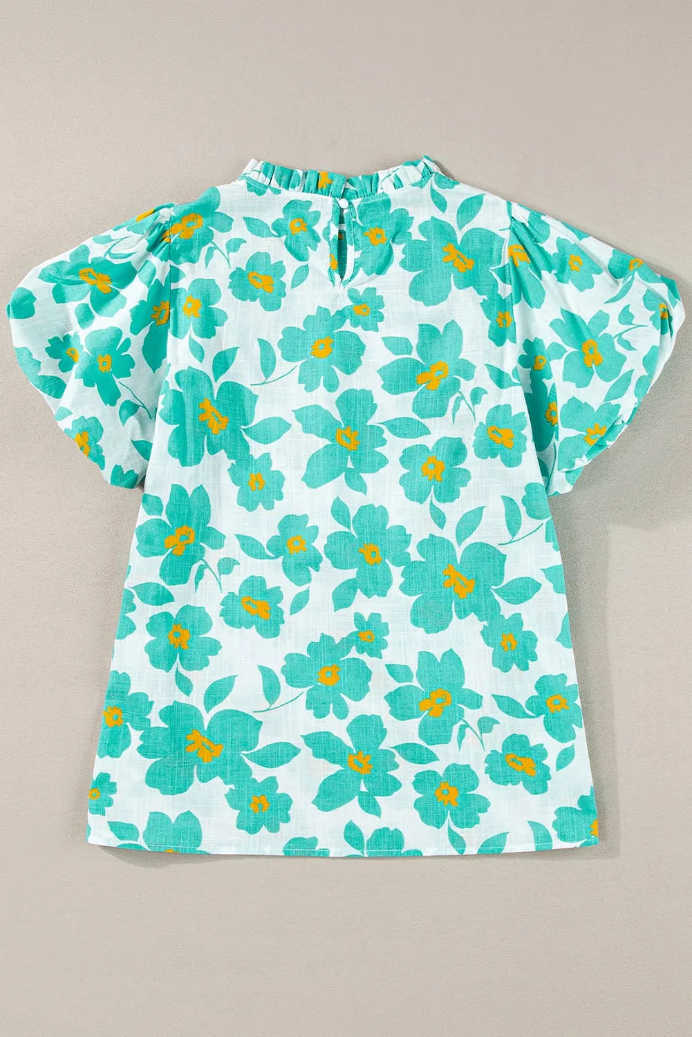 Floral Puff Sleeve Frilled Neckline Short Sleeve Top