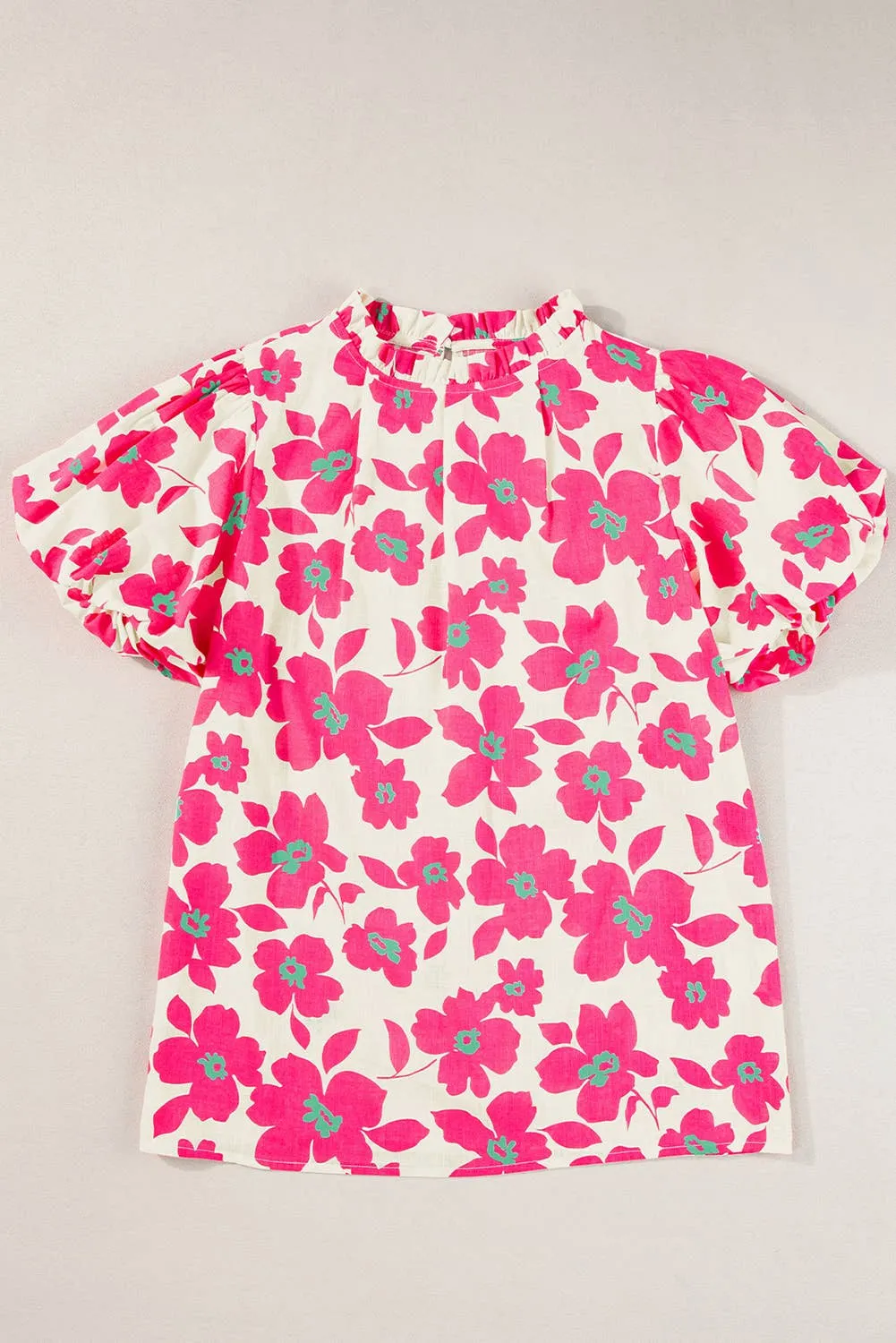 Floral Puff Sleeve Frilled Neckline Short Sleeve Top