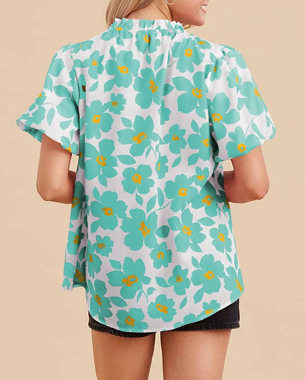 Floral Puff Sleeve Frilled Neckline Short Sleeve Top