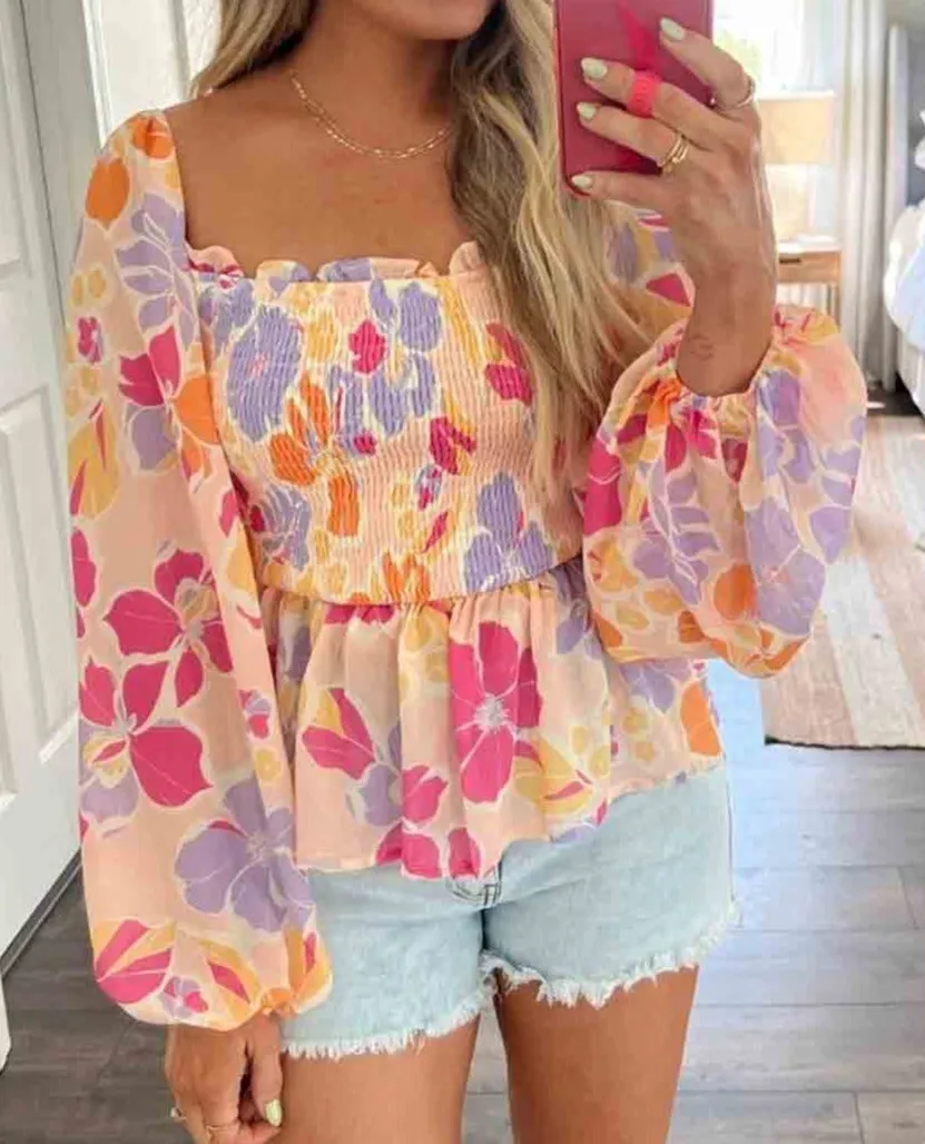 Floral Smocked Long Sleeve Blouse