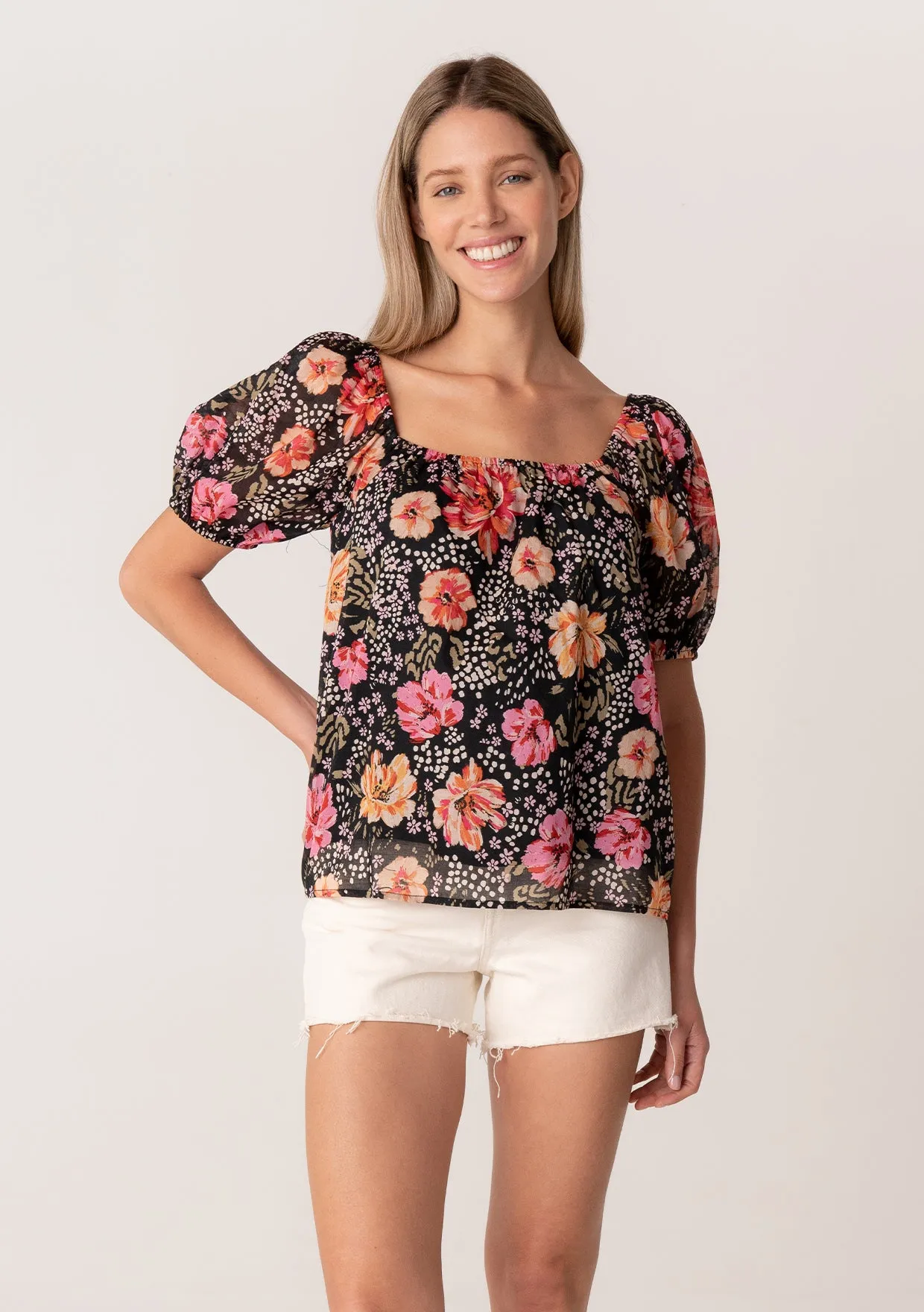 Floral Square Neck Puff Sleeve Blouse