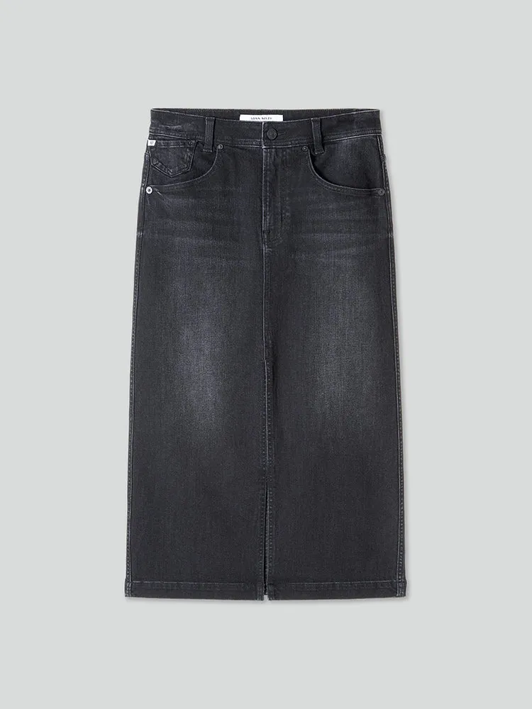 Front Slit Denim Maxi Skirt In Black