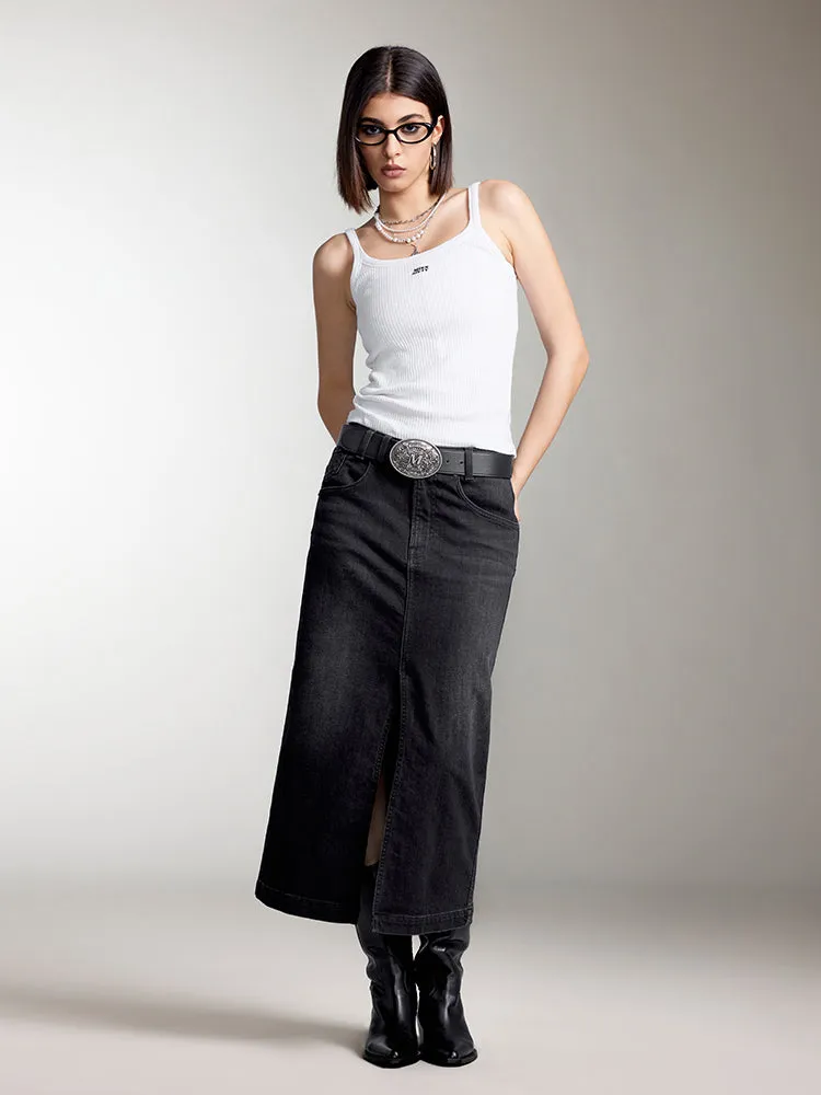Front Slit Denim Maxi Skirt In Black