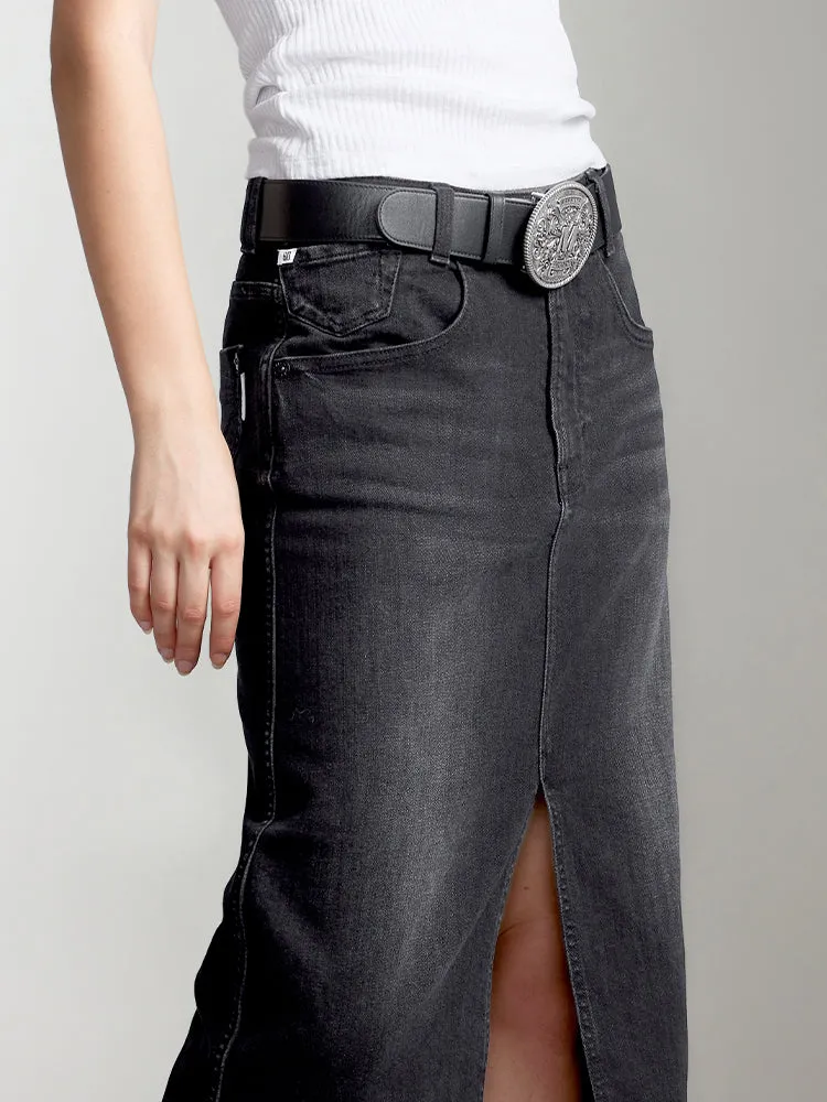 Front Slit Denim Maxi Skirt In Black