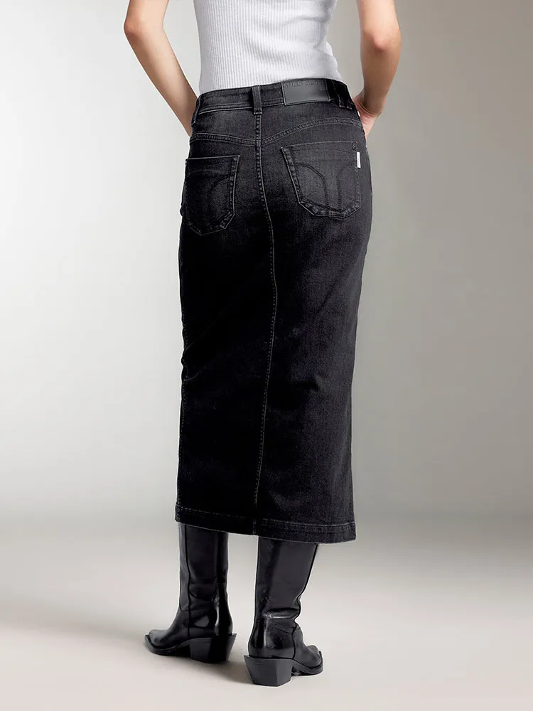 Front Slit Denim Maxi Skirt In Black