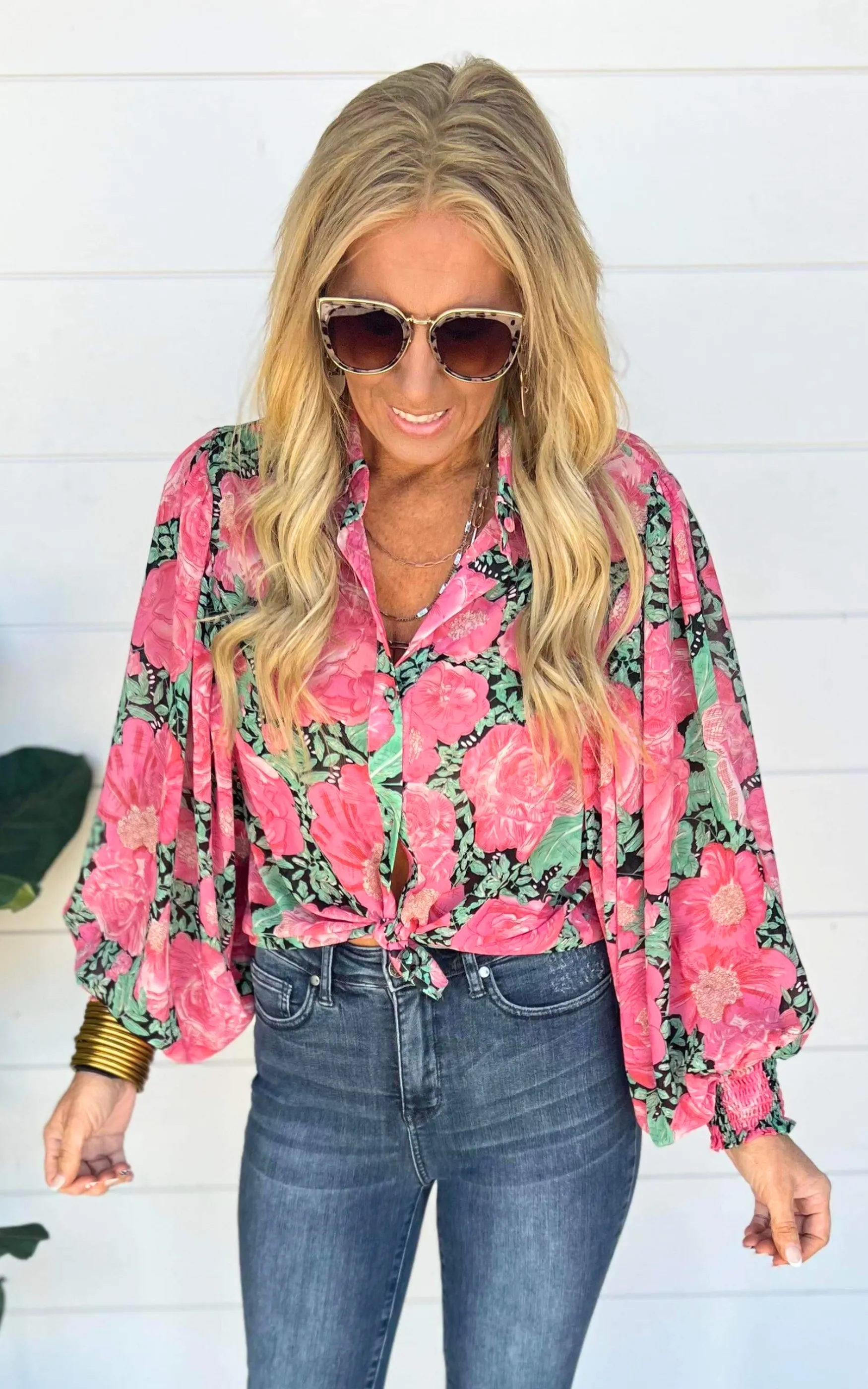 Garden of Luxury Floral Puff Sleeve Blouse - Hot Pink