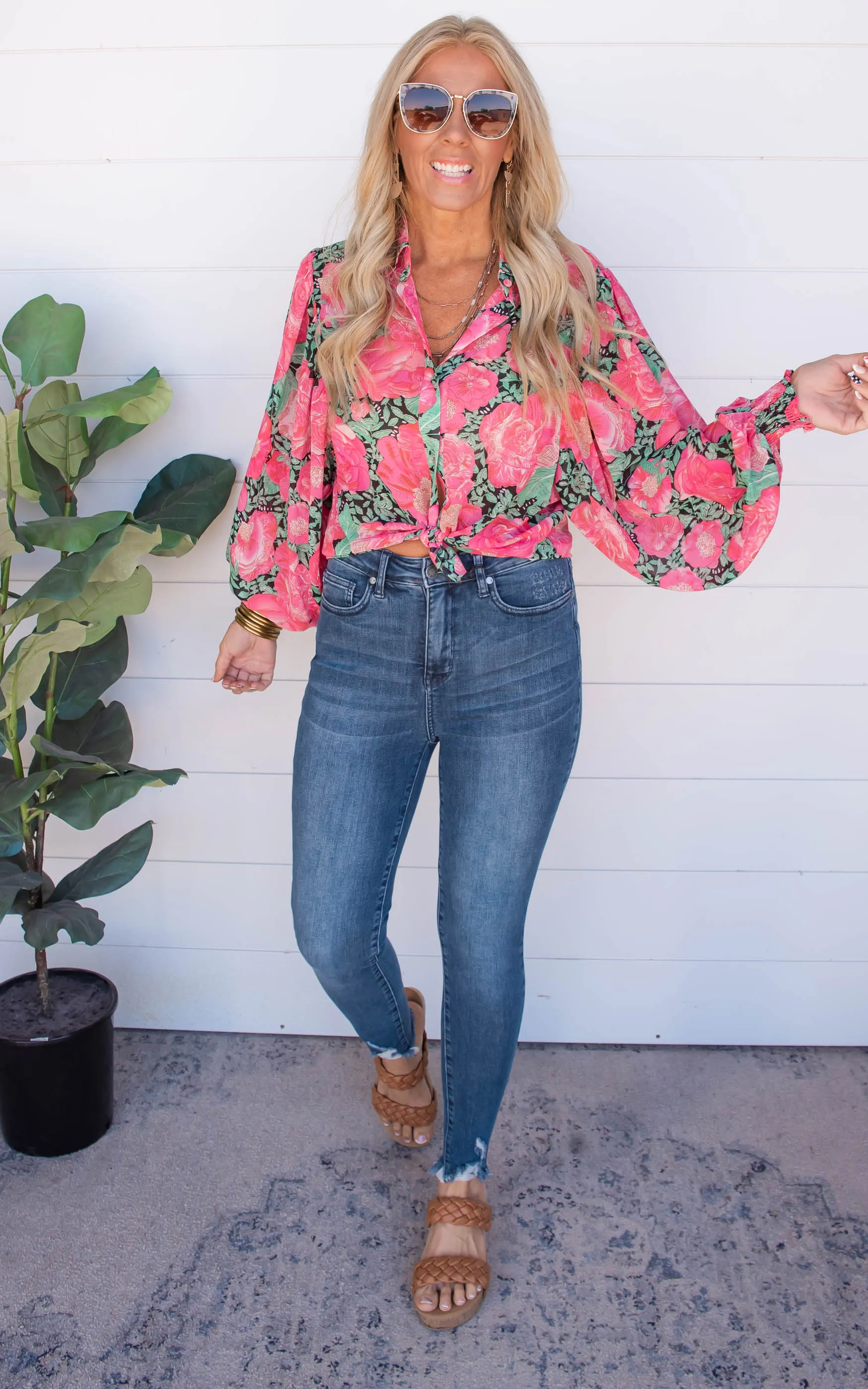 Garden of Luxury Floral Puff Sleeve Blouse - Hot Pink