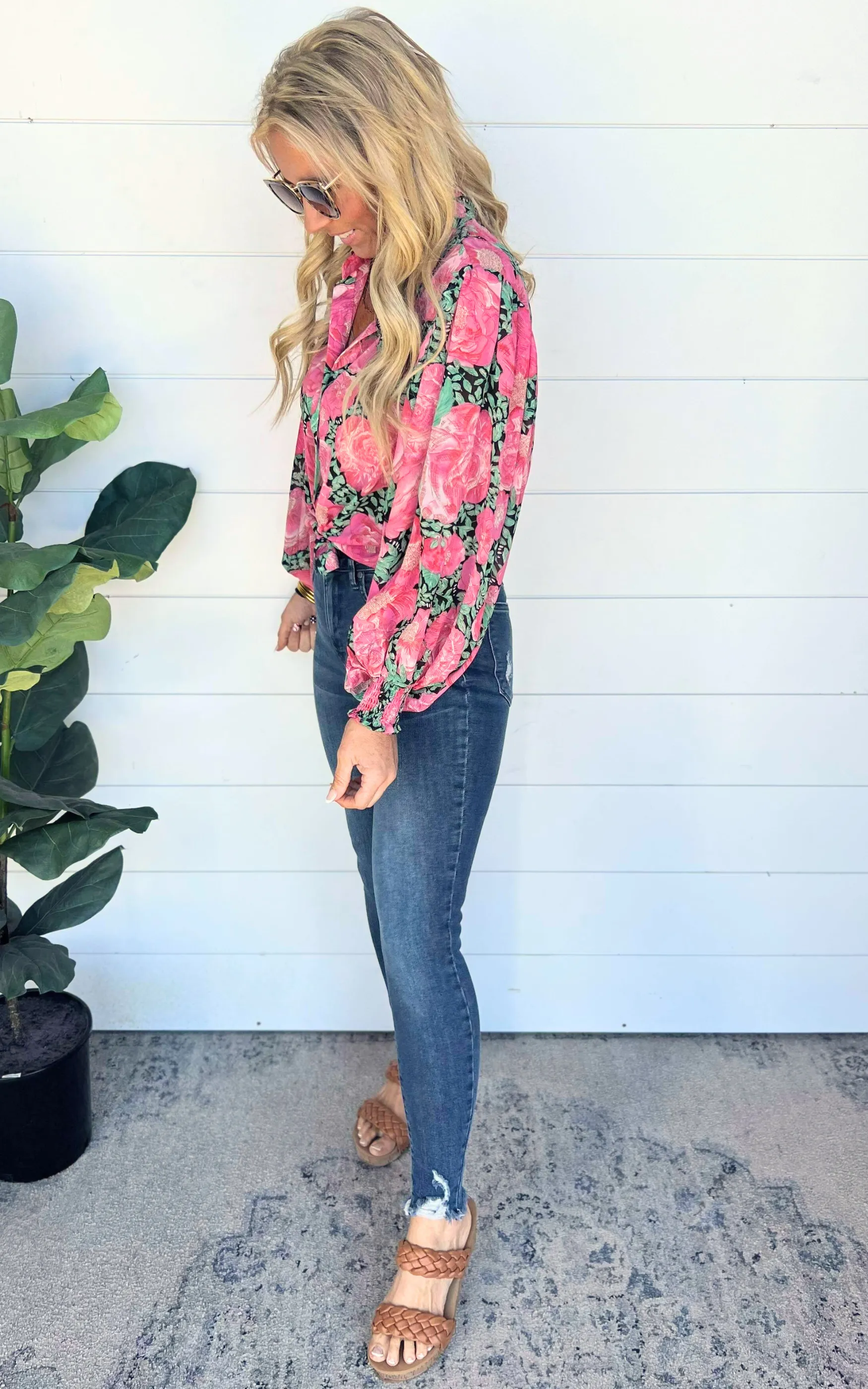 Garden of Luxury Floral Puff Sleeve Blouse - Hot Pink