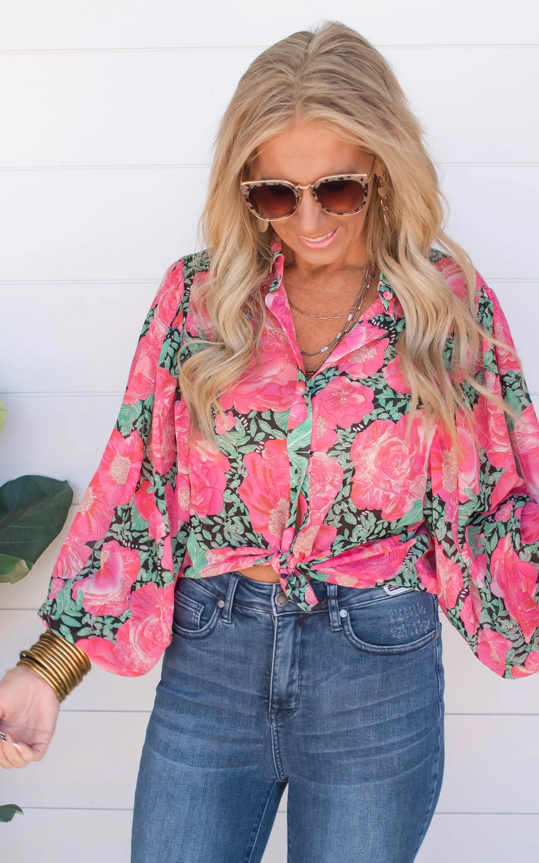 Garden of Luxury Floral Puff Sleeve Blouse - Hot Pink