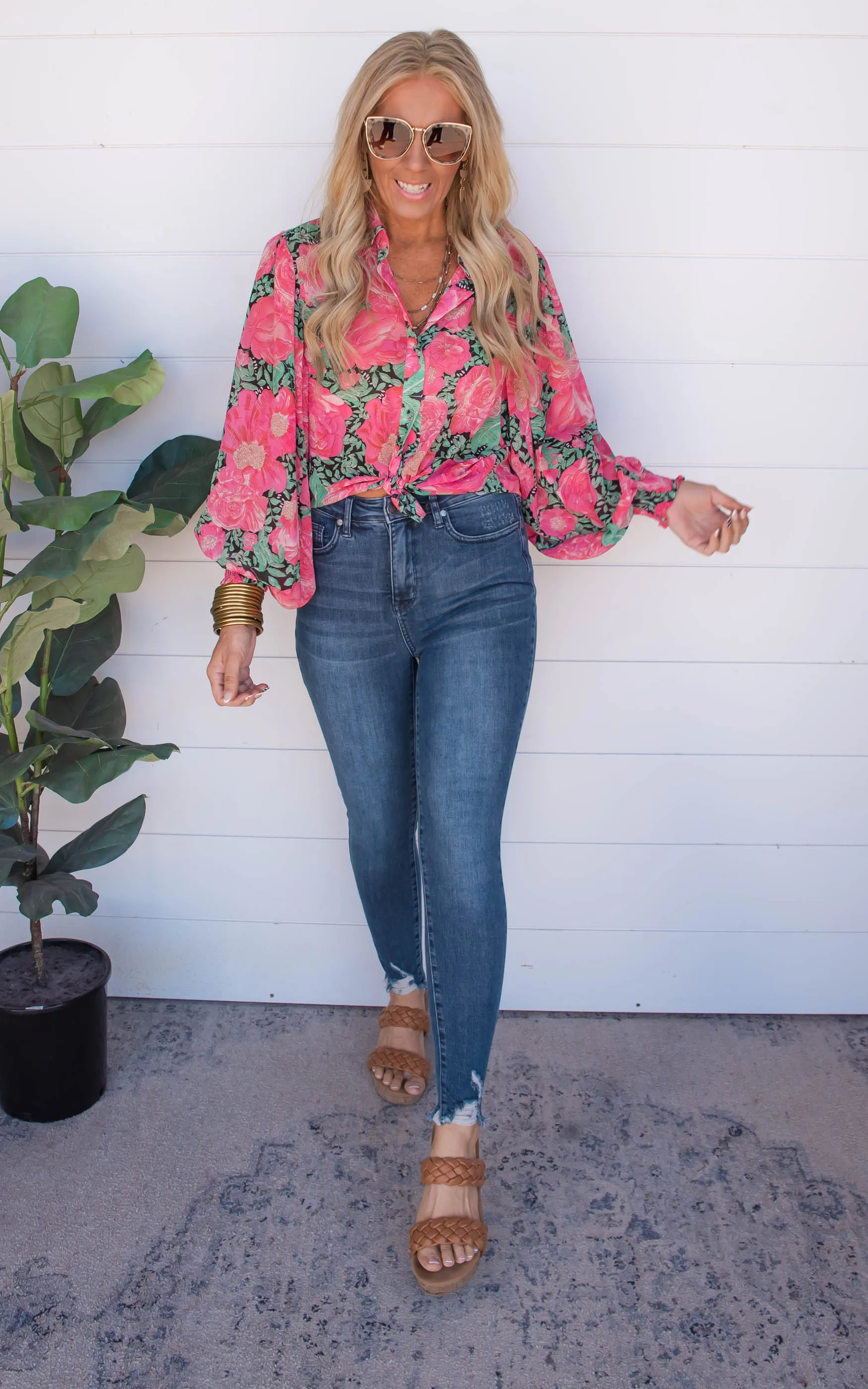 Garden of Luxury Floral Puff Sleeve Blouse - Hot Pink