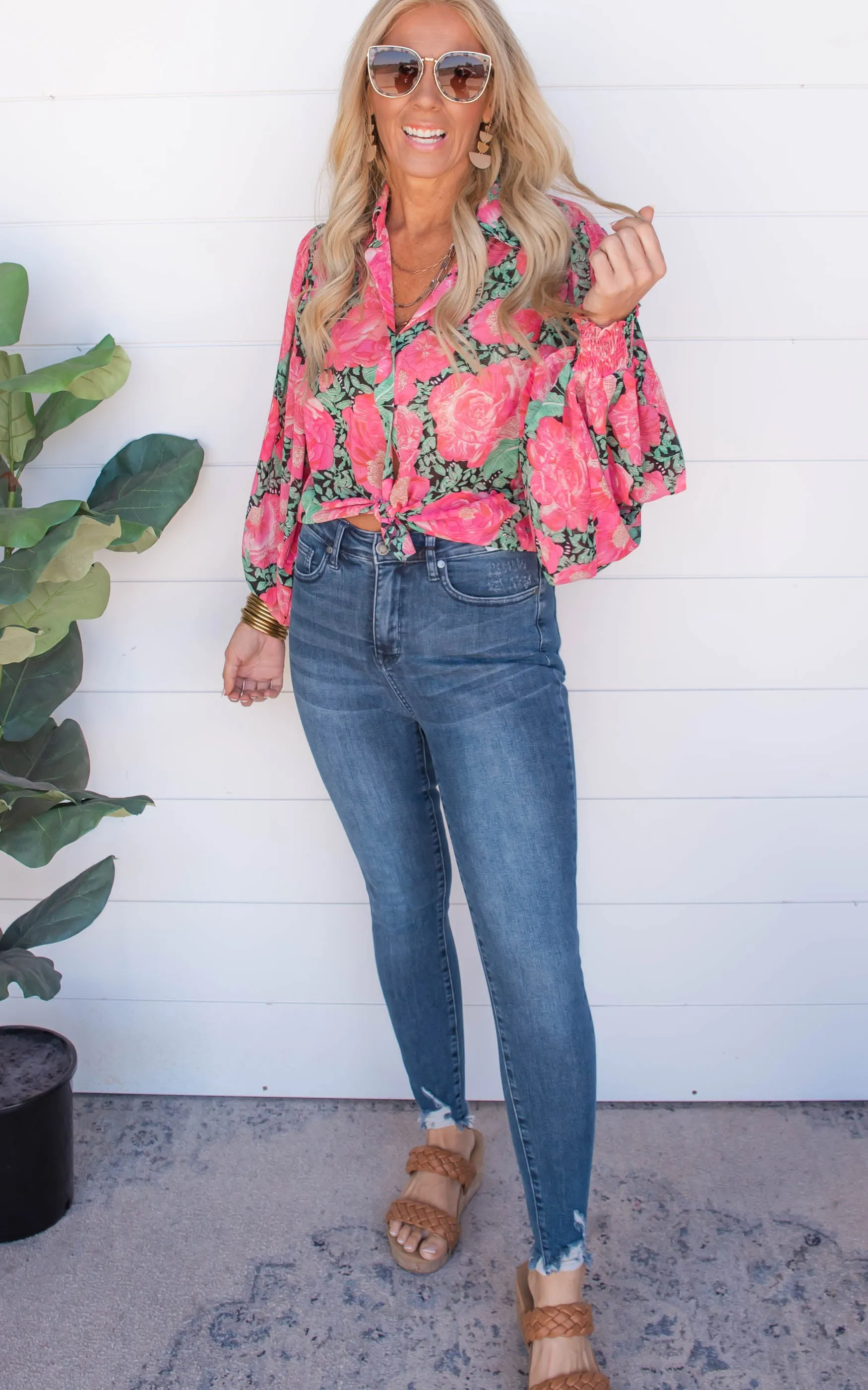 Garden of Luxury Floral Puff Sleeve Blouse - Hot Pink