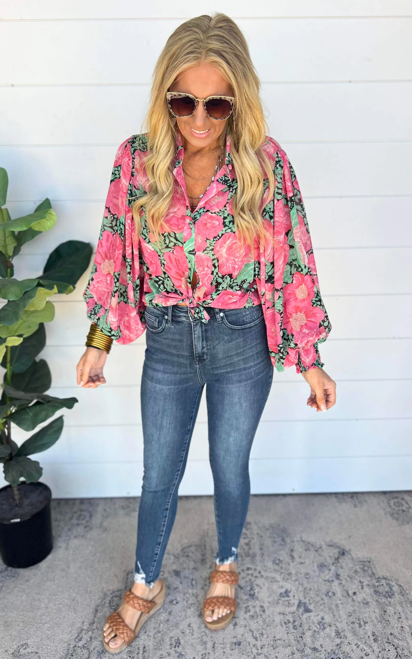 Garden of Luxury Floral Puff Sleeve Blouse - Hot Pink