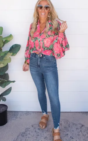 Garden of Luxury Floral Puff Sleeve Blouse - Hot Pink