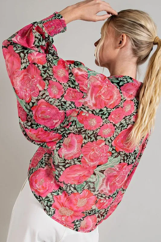Garden of Luxury Floral Puff Sleeve Blouse - Hot Pink