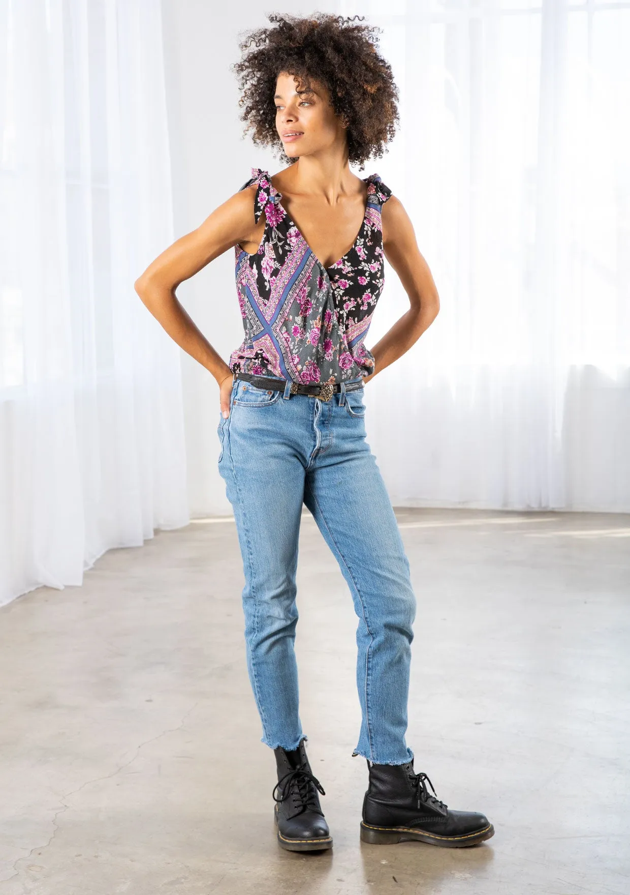 Geometric Floral Print Surplice Tank Top