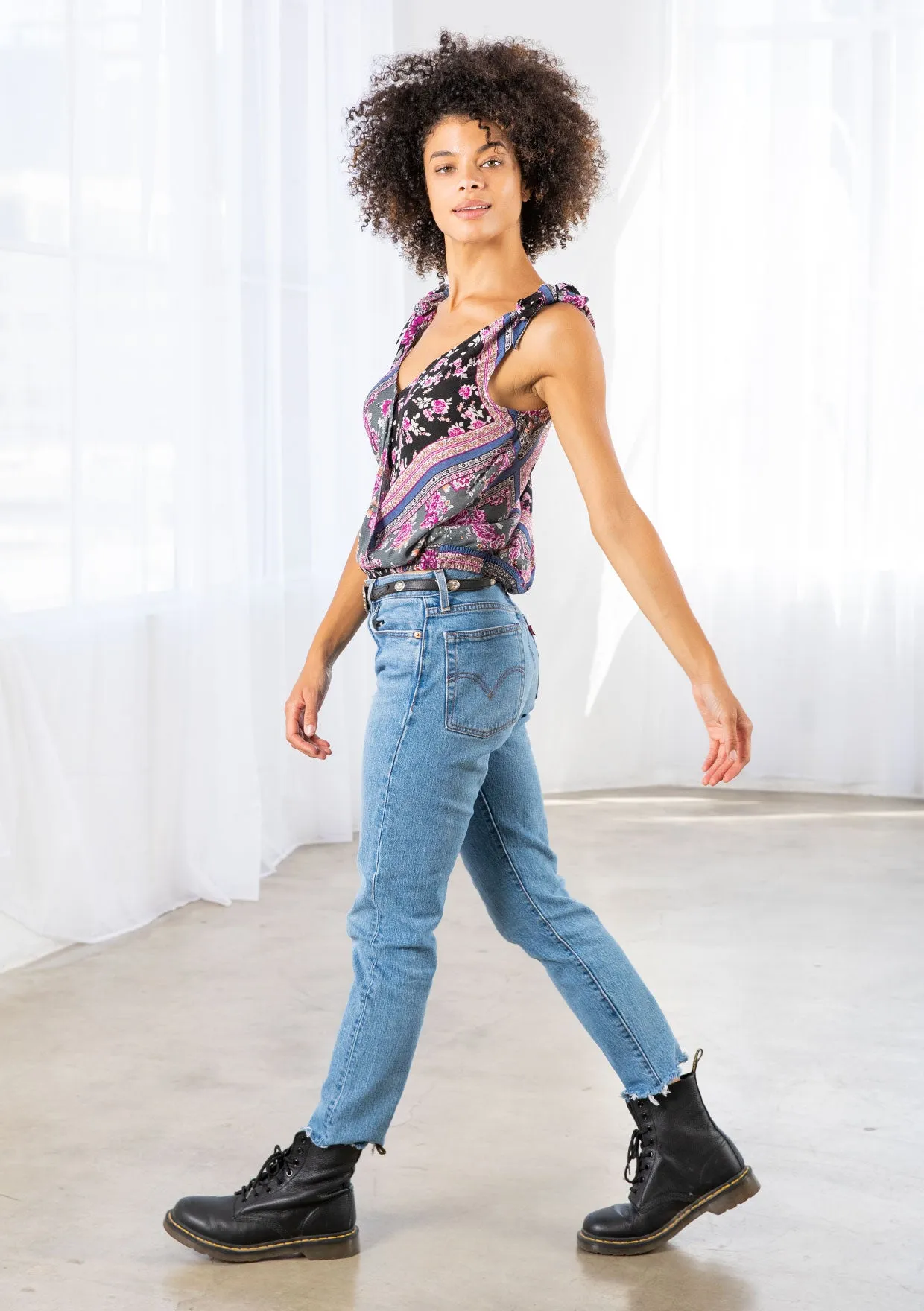 Geometric Floral Print Surplice Tank Top